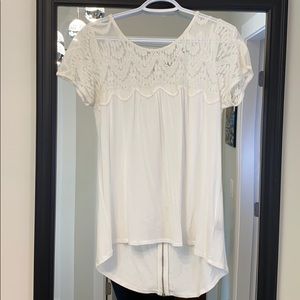 DEX lace trim zipper back short sleeve white tee